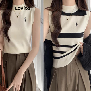 Lovito Preppy Blusa Feminina Listrada de Tricô com Bordado L86ED074