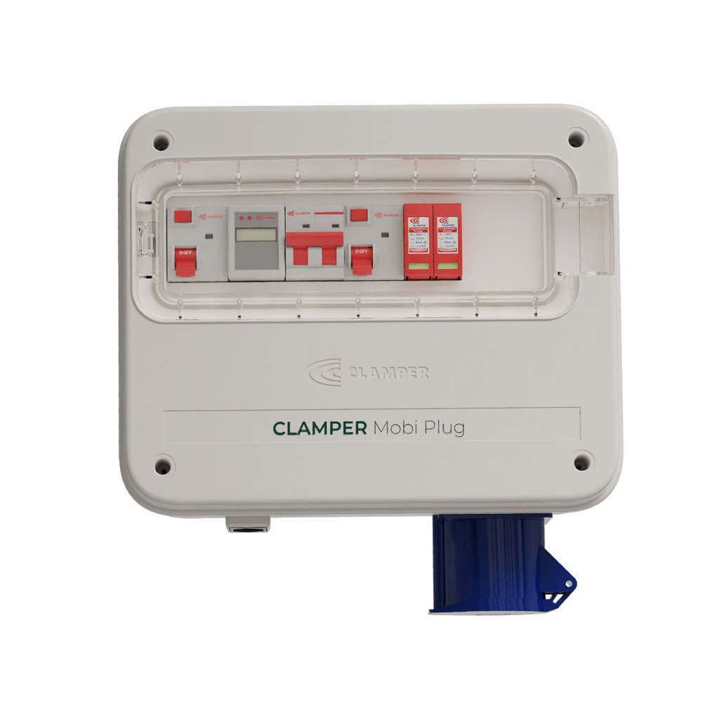 Caixa Proteção Carregador Veicular CLAMPER Mobi Plug 220V 8+5kW Cinza Tomada Residencial 20A e Tomada Industrial 32A com Medidor de Consumo