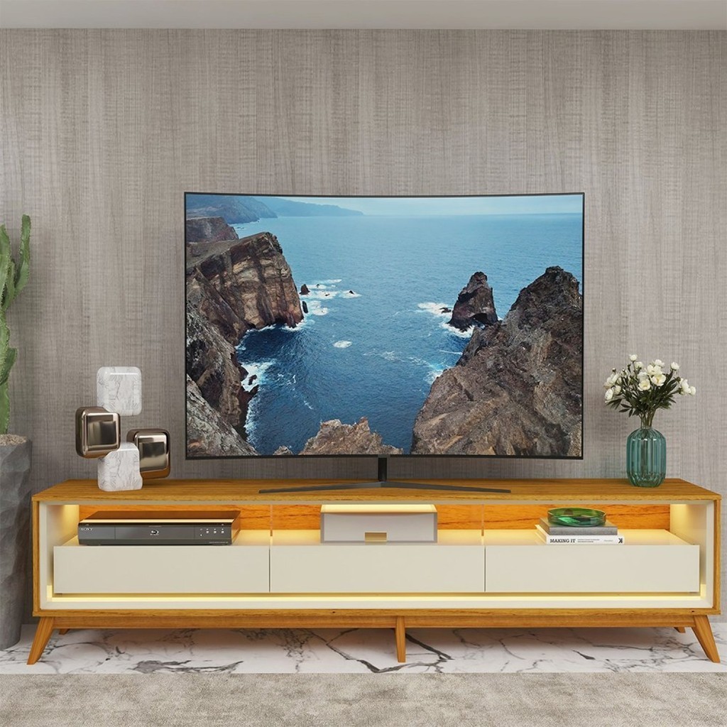 Rack para TV até 85 Polegadas com LED e Pés Madeira Maciça 260cm 100% ...