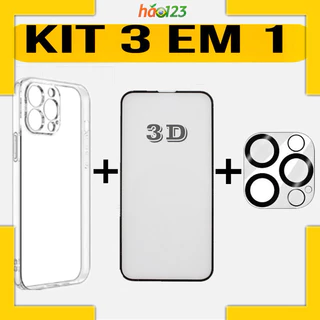 Kit 3 em 1 Capa Anti Impacto Transparente + Película 3D + Película Camera iPhone 15/Pro/Pro Max/Plus/14/11/13/12/7 8 Plus