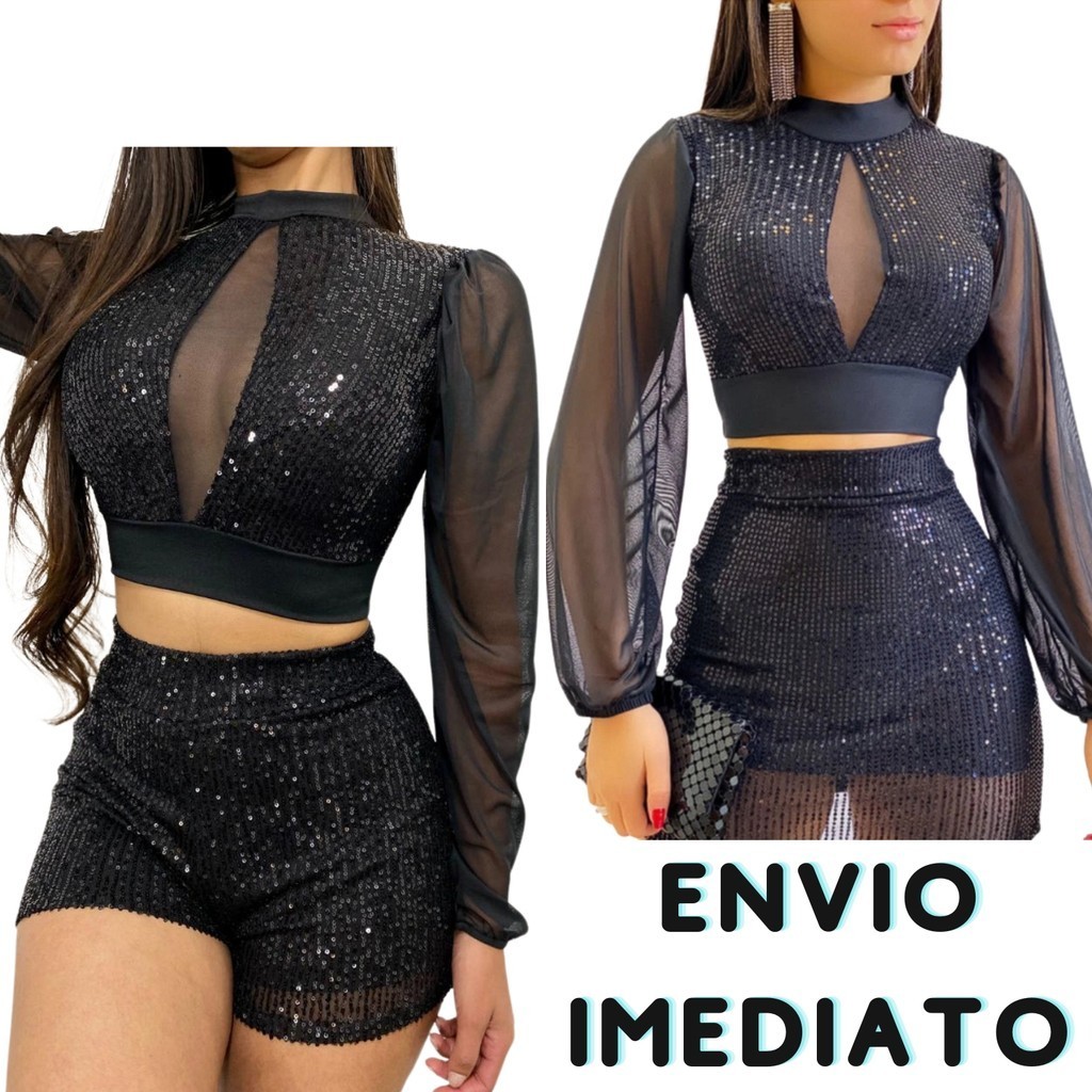 Conjunto Cropped Tule no Meio Manga Longa Tule c/ Gola Moda Balada ...