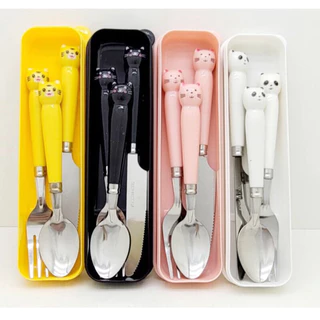 Talher Infantil e Adulto kit 4pçs Bichos sortidos p/Viagem Marmita Portátil Durável Com Estojo kit jogo de Talheres Infantil kids Colher Garfo Faca com 3 Peças em inox