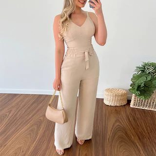 Conjunto feminino duna areia calça pantalona e cropped com bojo Alça regulagem alfaiataria