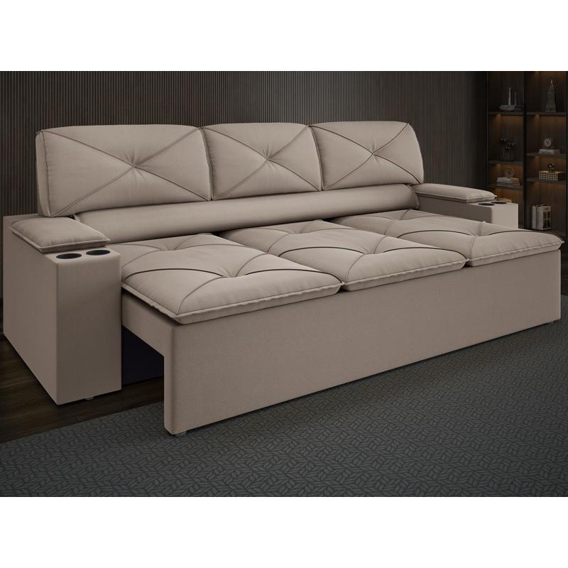 Sofá com Porta Copos Retrátil e Reclinável Pop 2,05m Velosuede Capuccino - NETSOFAS