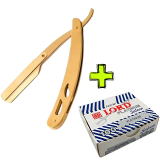 Navalhete Navalha Profissional Inox Barbear Acabamento Dourado + 100 Lâminas Lord Platinum Cortadas