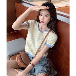 Camiseta De Verão Casual Mulher Manga Curta Slim Top De Malha Cortada