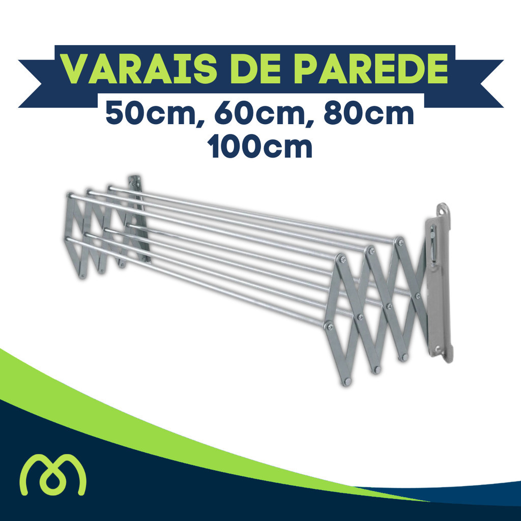Varal de Parede Aluminio Dobrável 50cm 60cm 80cm 100cm 1 metro sanfonado compacto Vários Tamanhos