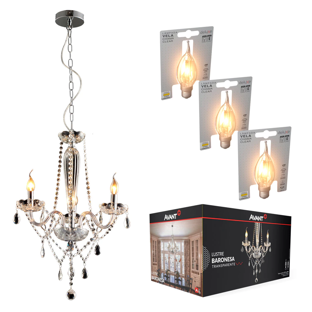 Kit Lustre Luminaria Baronesa + 3 Lampadas Led Chama 2700k Branco Quente E14 Transparente Cod: 785050072-0 Avant