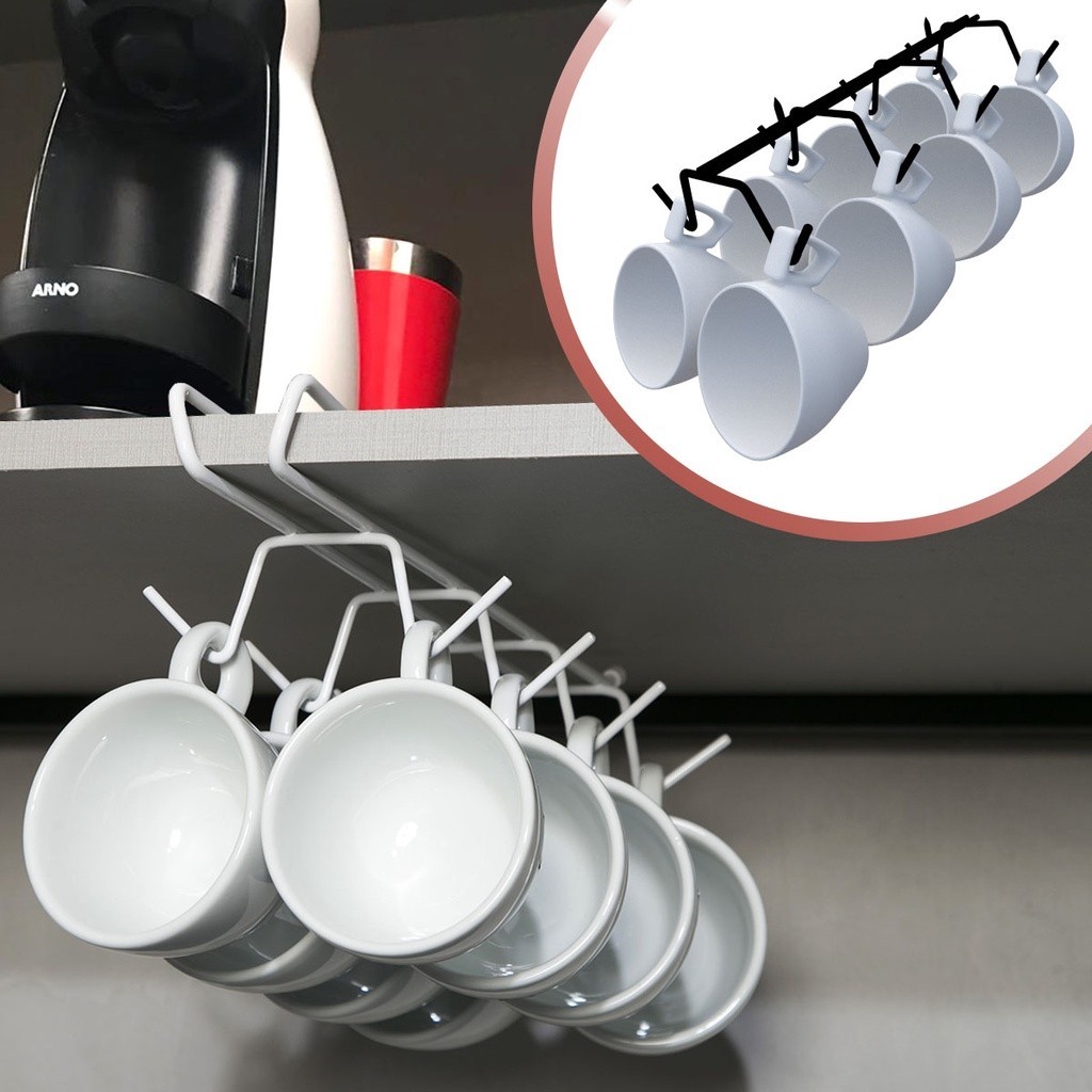 Porta Xícaras Suspenso Suporte Organizador Armário Cozinha 100% Aço