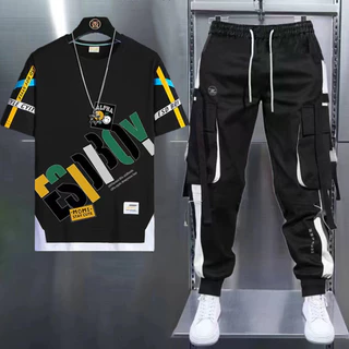 Conjunto De Camisetas De Moda Masculina Com Mangas Curtas Casuais + Calças De Carga Hip Hop Joggers