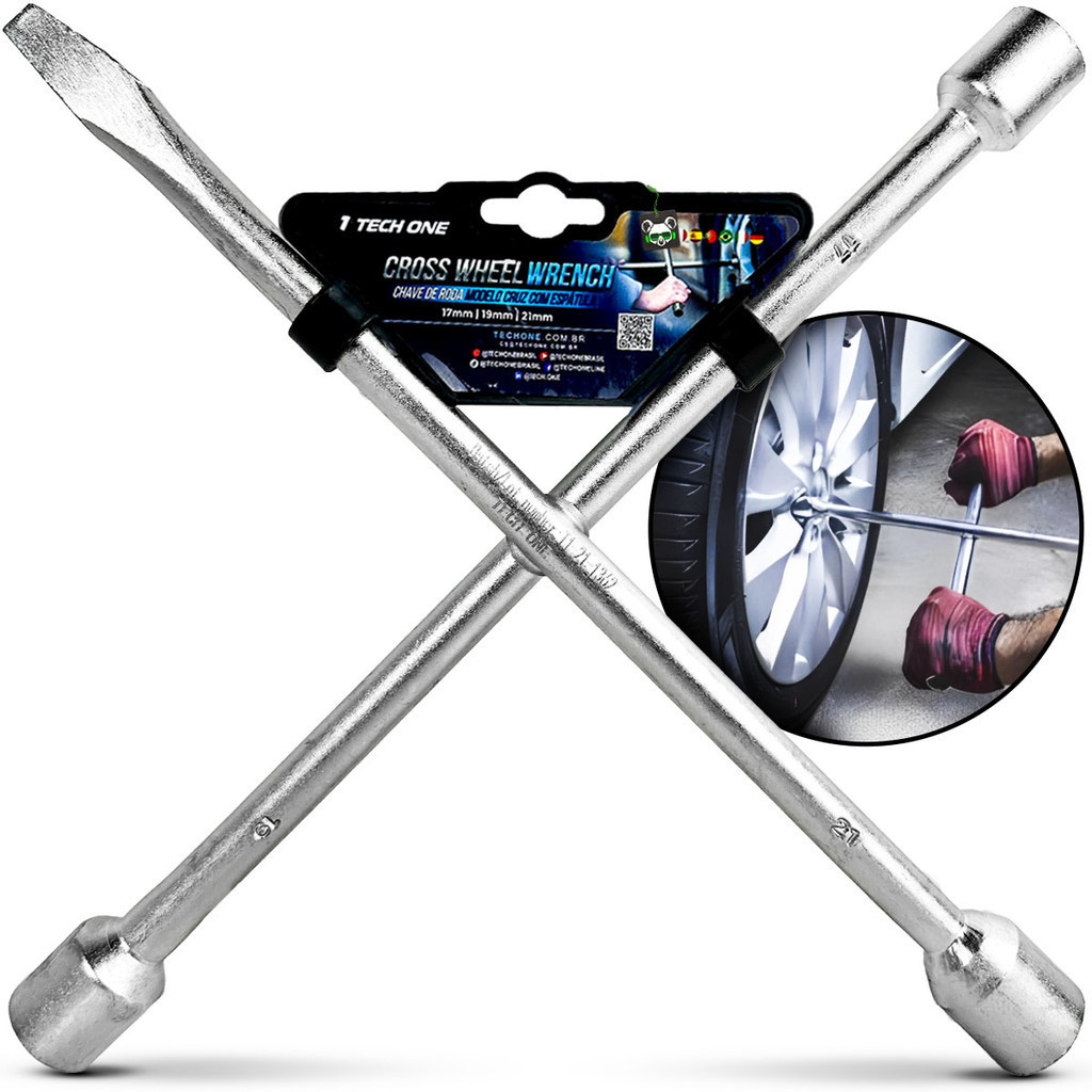Chave de Roda Cruz 3 Bocas 1 Espátula 17x19x21mm TechOne