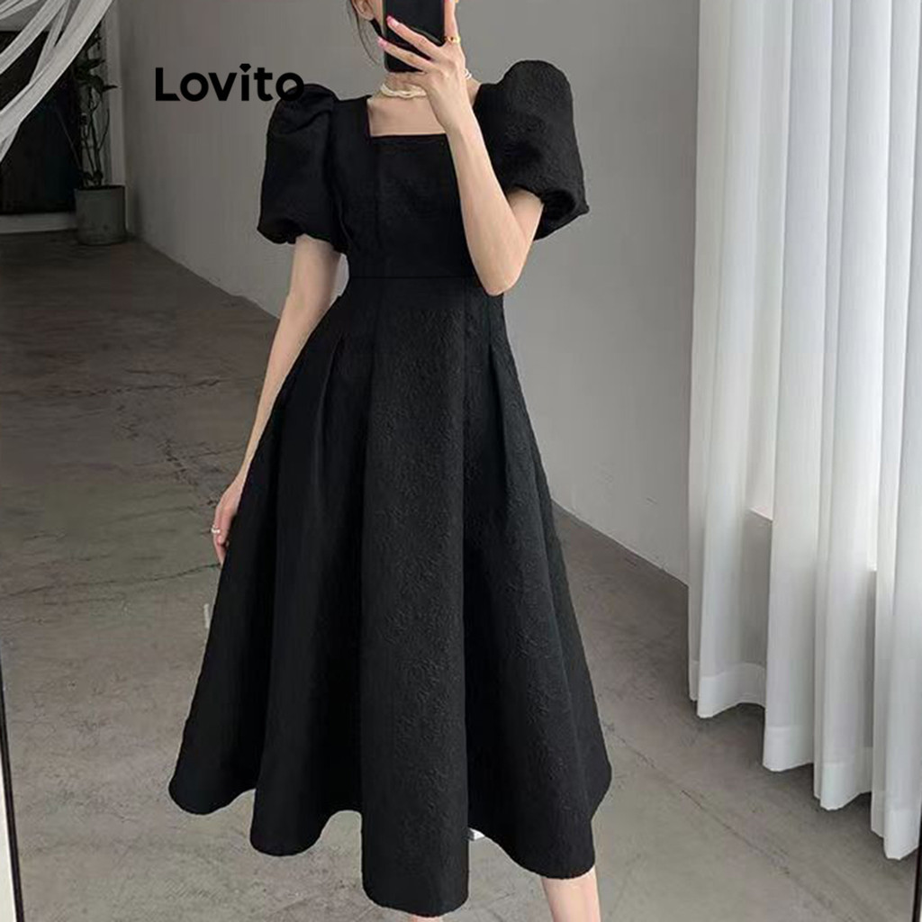 Lovito Elegante Vestido Feminino Liso Plissado LNA35064 (Branco/Preto)