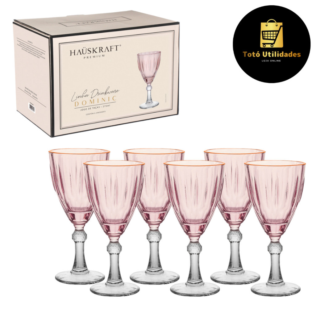 Jogo 6 Taças Água/Vinho Dominic Vidro Rosa Borda Dourada 275ml Hauskraft