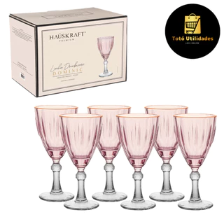 Jogo 6 Taças Água/Vinho Dominic Vidro Rosa Borda Dourada 275ml Hauskraft