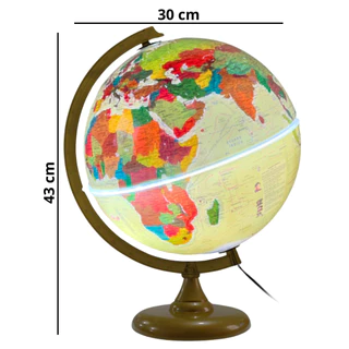 Globo Terrestre Histórico Fisico Político c/ Luz Led - 30cm Diâmetro e 43cm Altura
