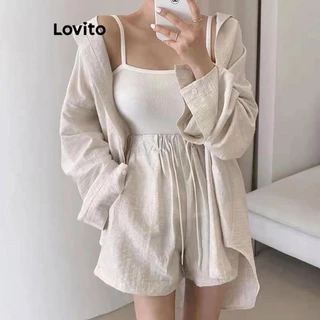 Lovito Conjuntos de shorts casuais com bolso liso e cordão para mulheres LNE62136