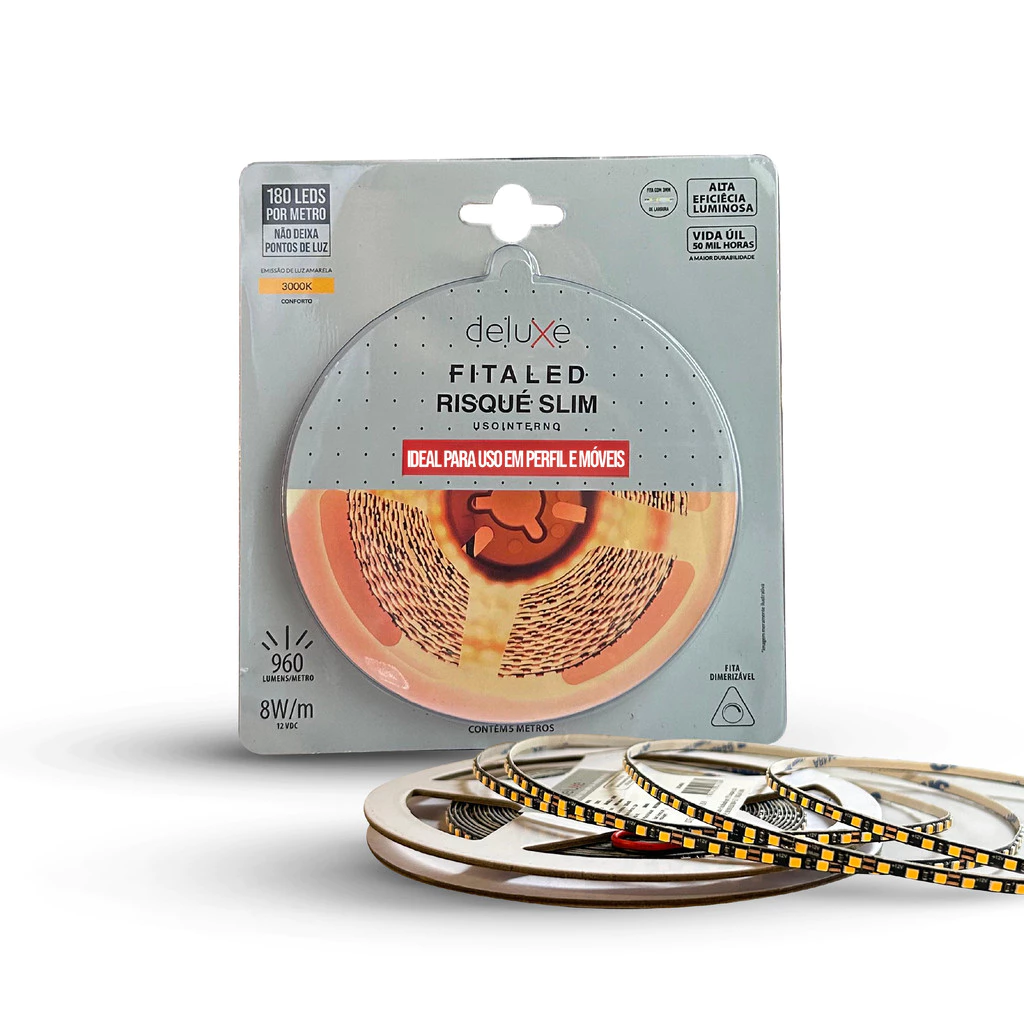 Fita Led Risque Ultra fina 3mm 8W 3000K 5m 12V Pr Deluxe