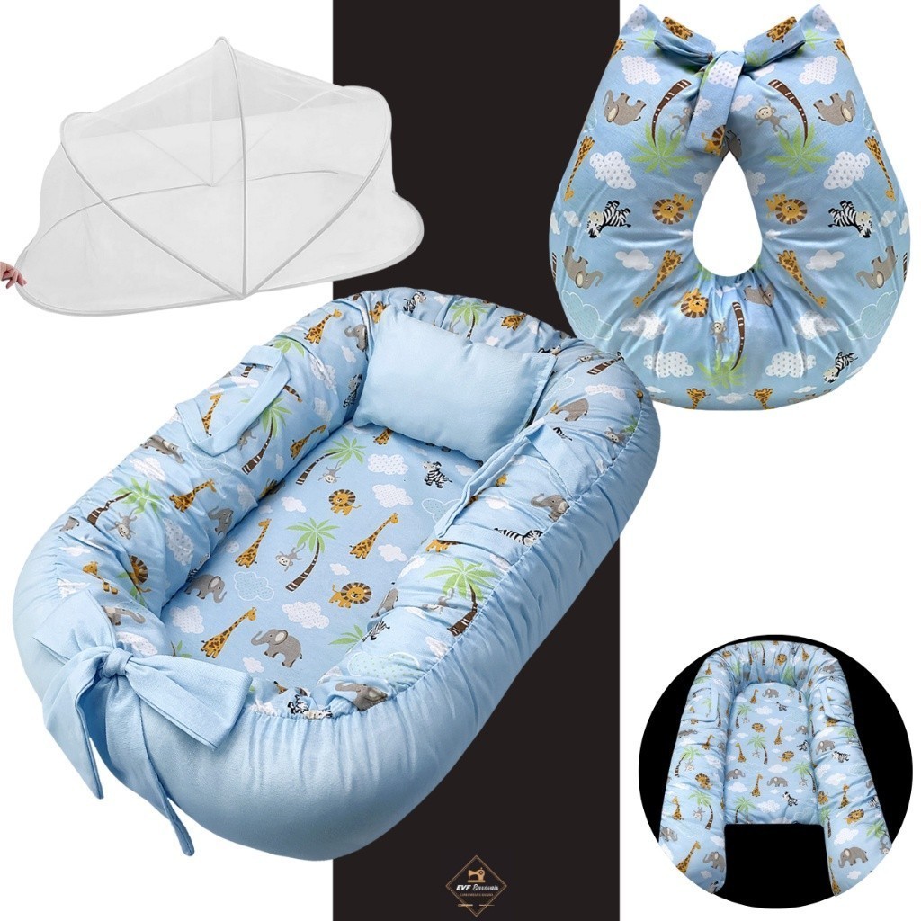 Ninho redutor de berço com ziper, almofada amamentação e mosquiteiro protetor Safari