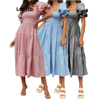 Lovito Casual Vestido Feminino Xadrez com Camada Escalonada LNL40066