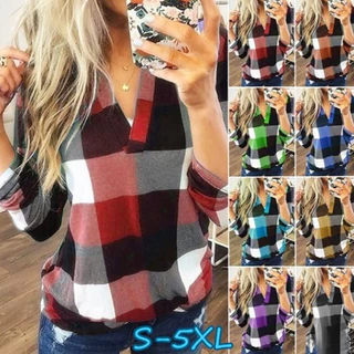 2024 Primavera e Outono Novo Venda Quente Casual Xadrez Impressão V-neck Manga Longa Plus Size Camisa das Mulheres 528