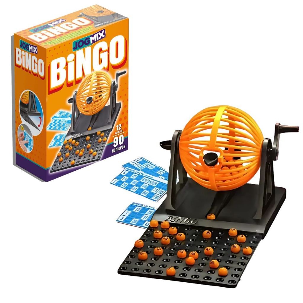 Bingo Jogo 12 Cartelas Com Globo Giratório 90 Bolinhas Brinquedo ...