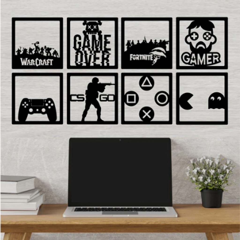 Kit 8 Quadros Vazados Gammer Jogos Geek Xbox Play Mdf Decorativo