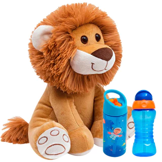 Garrafa Infantil 400ml Astronauta + Garrafa Infantil 300m Marinho + Meu Leaozinho 25cm - Buba