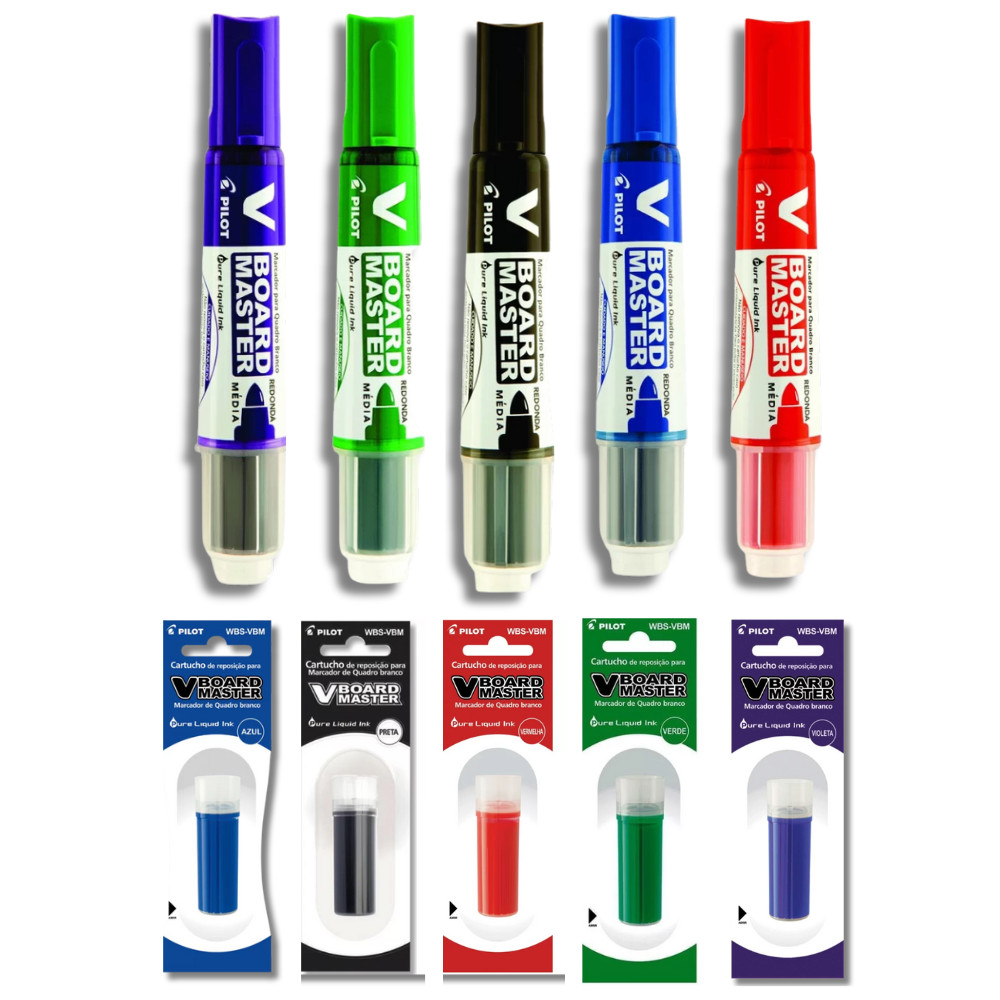Kit 5 Pincel Quadro Branco Recarregável PILOT + 5 Refil V-Board Master PILOT Único