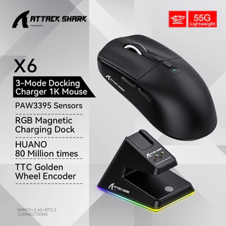Rato Attack Shark X6 PAW3395 Bluetooth RGB Touch Base De Carregamento Magnético Tri-Modo Conexão Macro Gaming Mouse