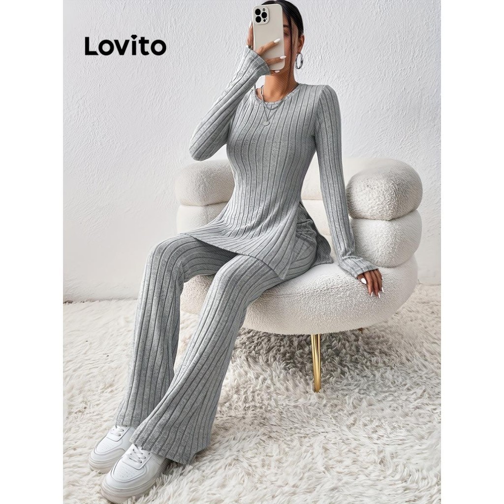Lovito Conjuntos de calças casuais simples divididas para mulheres LNL65107