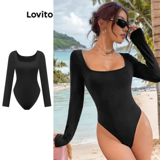 Lovito Body casual de malha canelada lisa para mulheres LBL20108