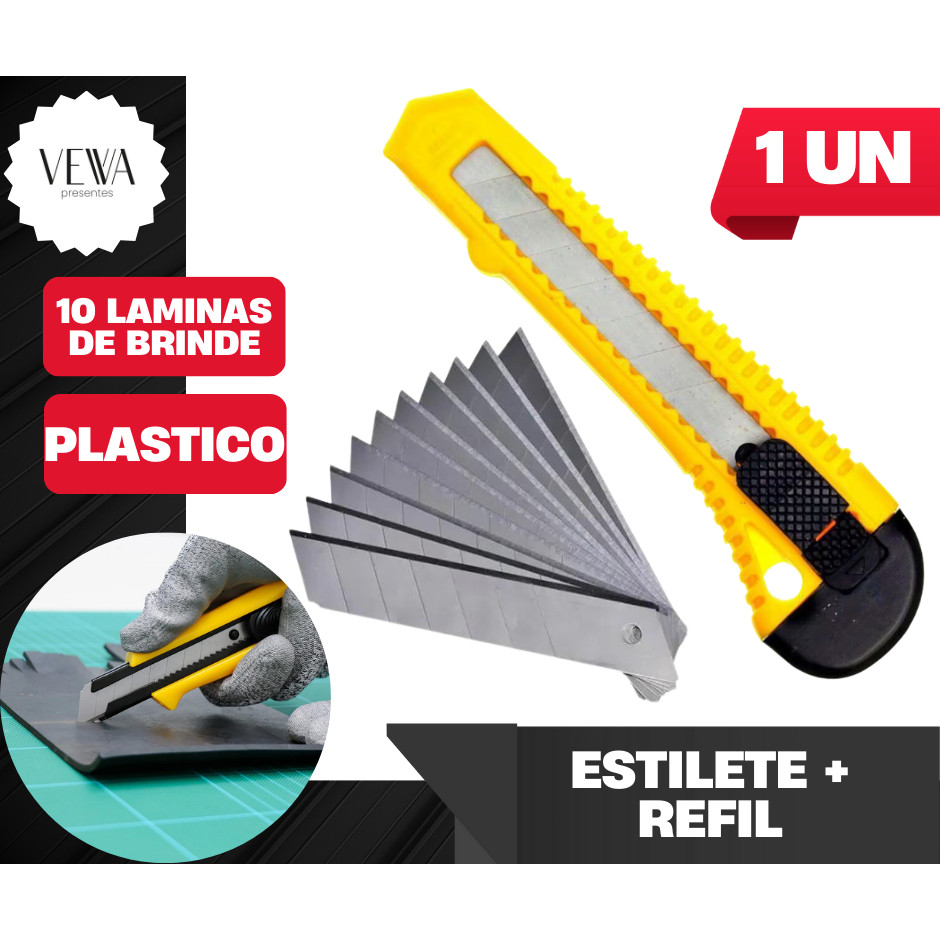 Estilete Profissional 15cm + 10 Lamina Metal 18mm Corte Lamina