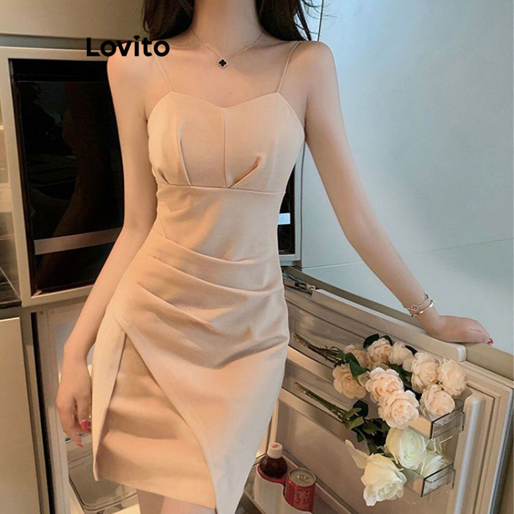 Lovito Sexy Vestido Feminino Liso com Fenda Frontal LNE48405