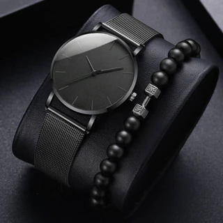 Conjunto De Relógio Masculino Moda Malha De Metal Com Pulseira De Contas De Quartzo