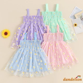 6M-4Y Vestido De Bebê De Menina Slip Dress de Princesa de Tule Plissado de Verão Sem Mangas com Estampa de margarida floral,azul ,roupas de festa feminino infantil
