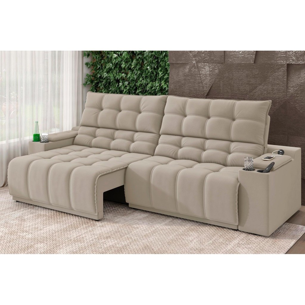 Sofá Connect Premium 2,00m Assento Retrátil/Reclinável com porta copos e entrada USB Suede Areia