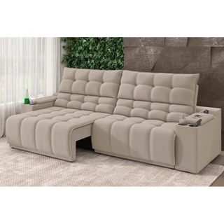 Sofá Connect Premium 2,00m Assento Retrátil/Reclinável com porta copos e entrada USB Suede Areia