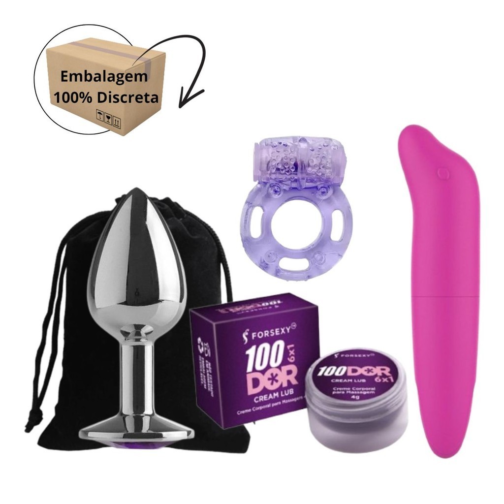 Kit Plug Anal Tamanho M + Vibrador Ponto G Liso + 100Dor 6X1 Cream Lub Anal  Multifunções + Anel Peniano Com Vibrador