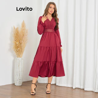 Lovito Vestido casual com costura em tecido de renda lisa para mulheres LBL20243