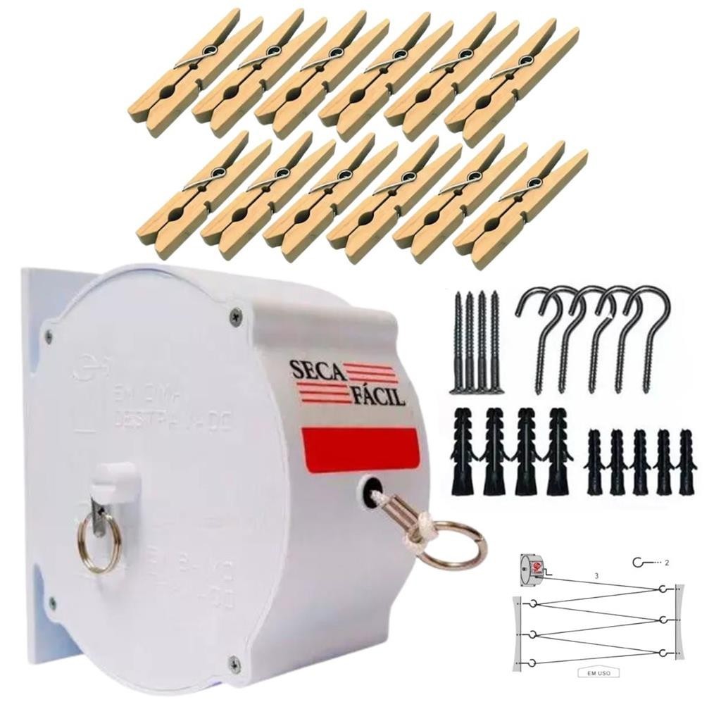 kit Varal Retratil Recolhivel De Parede 30m + 12 Prendedores de Madeira + Kit instalacao