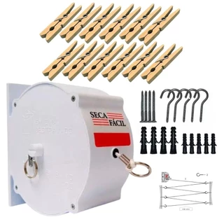 kit Varal Retratil Recolhivel De Parede 30m + 12 Prendedores de Madeira + Kit instalacao
