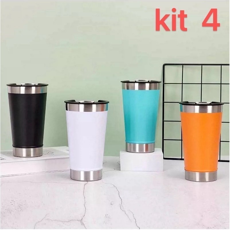 kit 4 Copo térmico garrafa aberta colorida 502ml com tampa