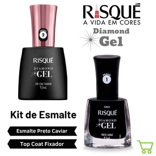 Kit Manicure 2 Esmalte Risqué Diamond Gel Preto Caviar E Top Coat Extra Brilho Pedicure Original