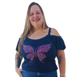 Blusa Cigana plus size com aplicação em pedras borboleta coloridas M ao G5