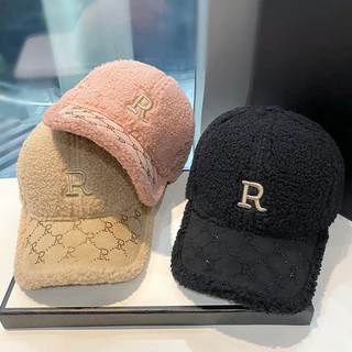 Limão profundo coreano maré legal R letra boné de lã de cordeiro boné de beisebol feminino outono e inverno quente moda strass boné pontudo feminino