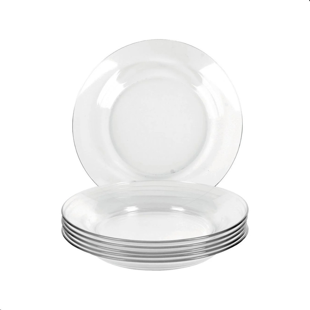 Jogo De Prato Fundo Vidro Transparente Kit 6 Unidades