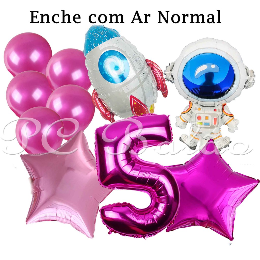10 Balão Metalizado 5 BEXIGA 1 N° 40CM PINK + Estrela 22CM 1 PINK 1 CLARA + ASTRONAUTA + FOGUETE PEQ