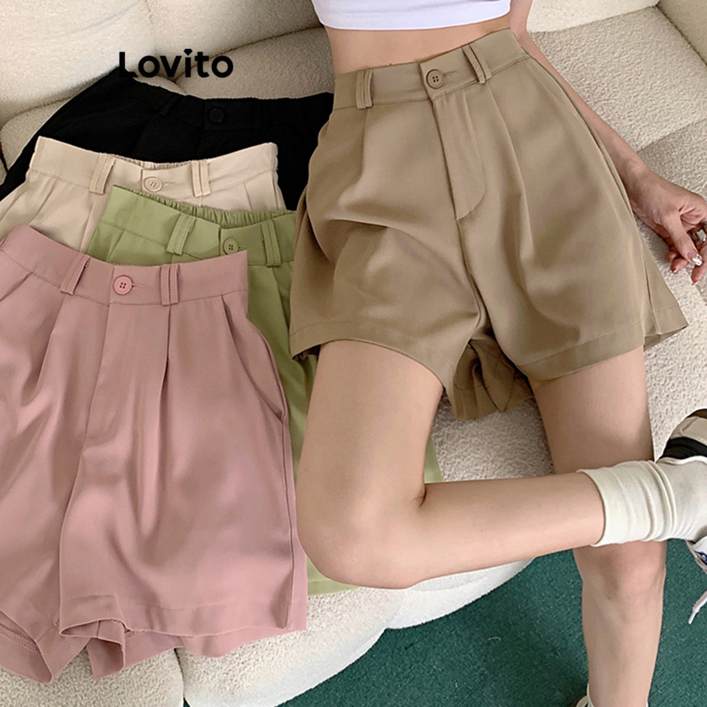 Lovito Casual Short Feminino Simpels com Botão e Bolso LNE37226 (Cáqui/Damasco/Rosa Claro/Verde Claro/Preto)