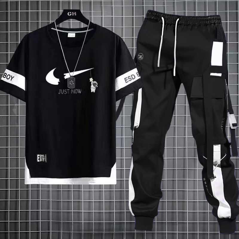 Conjunto Masculino + Camisa De Manga Curta Masculina + Calça De Trabalho Hip Hop Jogger