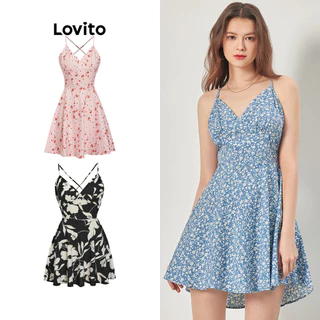 Lovito Boho Vestido Feminino Floral Evasê com Laço Traseiro e Recorte L68ED192 (Azul/Preto)